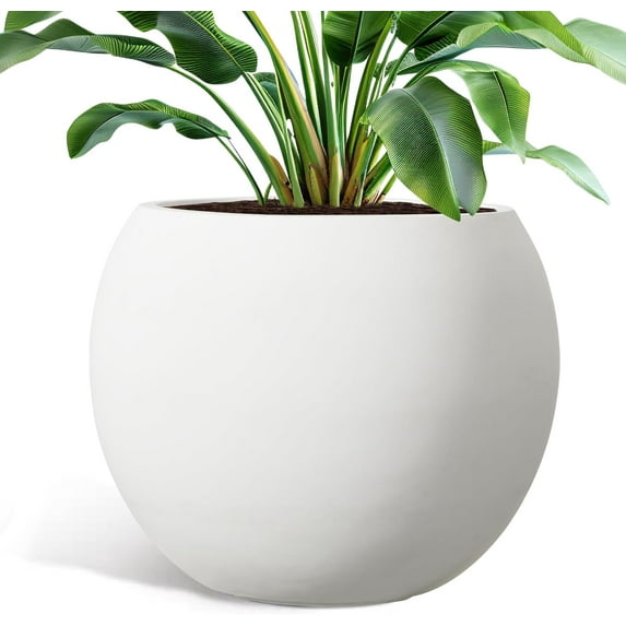 YOLENY 17.7'' Dia Large Round Planter with Drainage Hole, Sphere Planter Outdoor Indoor Plant Flower Pot with Rubber Plug for Garden Patio Balcony Home, White