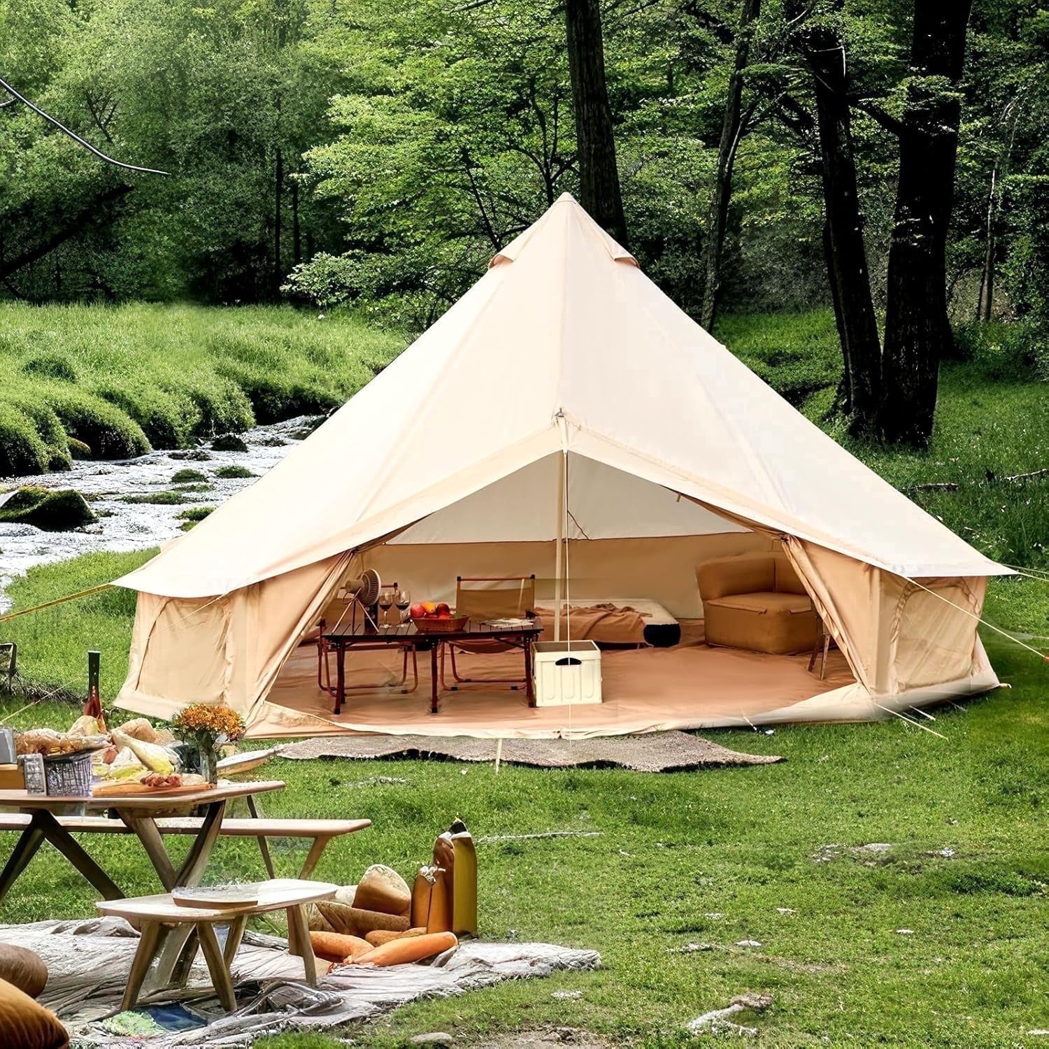 Yoleny Camping Bell Canvas Tent, All Season Waterproof Camping Tent , 4 m/13.1ft Canvas Tent for Camping with Stove Jack for 6-8 Person