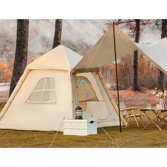 EROMMY Inflatable Camping Tent with Extended Canopy, Easy Set-up 4 Season Air Tents with Inflator for 2-4 Persons，Beige