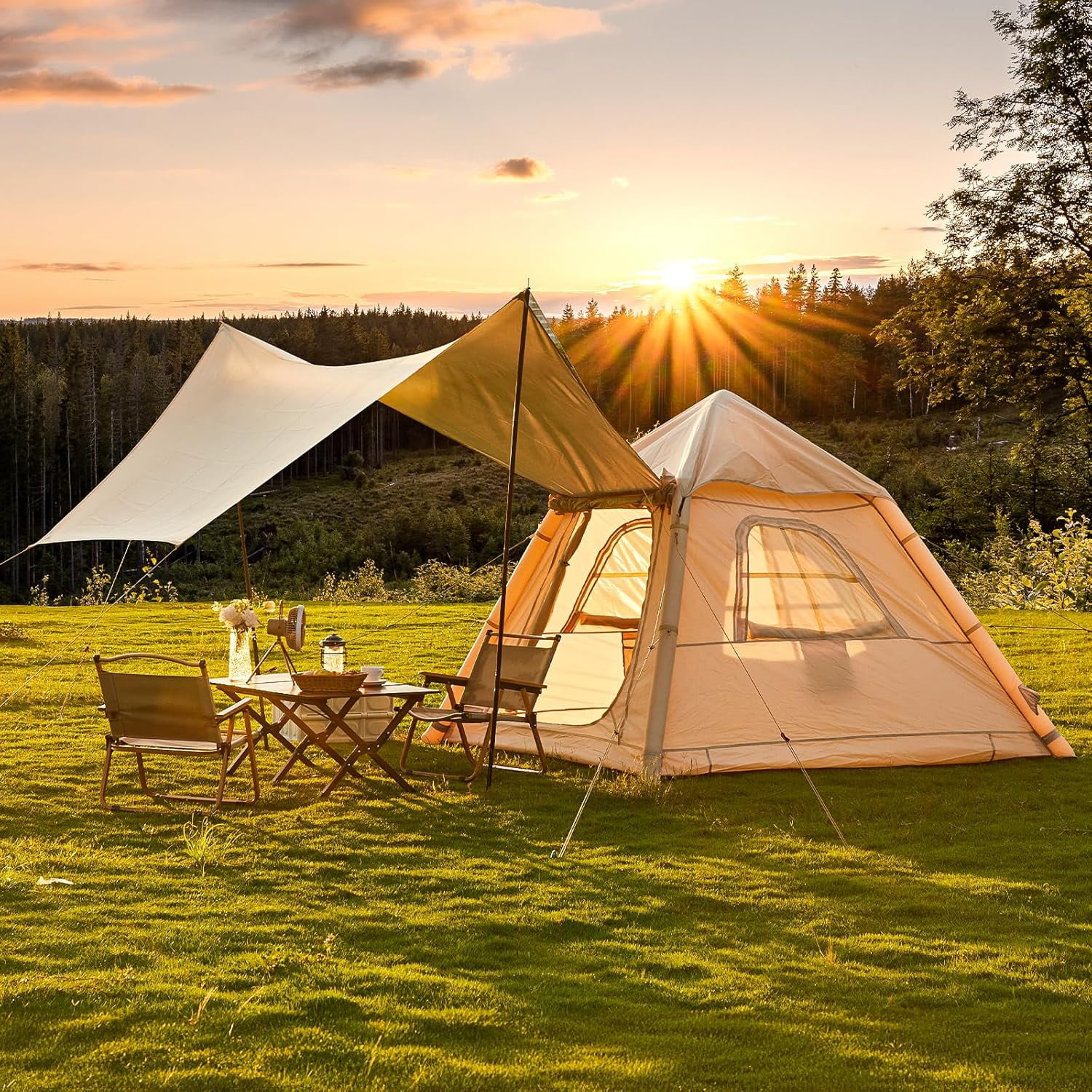 YOLENY Portable Inflatable Glamping Tent, Easy Set-up 4 Season Inflatable Tents for Camping, Inflatable House Tent for 3-4 Persons, Self-Supporting Air Tent with Inflator, Extended Canopy
