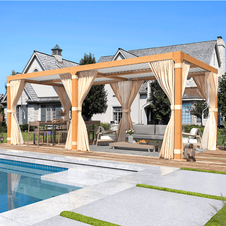 YOLENY Wood-Looking Louvered Pergola 10x20 with Aluminum Frame and Adjustable Roof, Curtains and Nets Included.