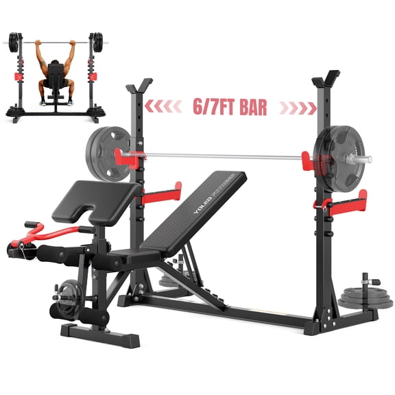 YOLEO Weight Bench with Rack - Bench Press Set, Leg Extension, Preacher Curl & Flat/Incline/Decline Full Body Workout Bench, Adjustable Olympic Weight Benches for Home Gym(47.44IN WIDE GRIP)