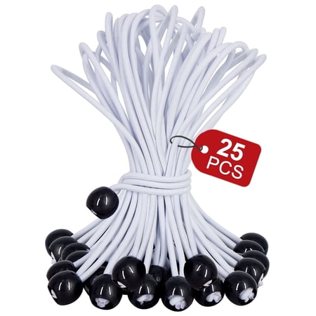 YOLETO 25 Pack Ball Bungee Cord,6 Inch Heavy Duty Outdoor Bungee Cords, Tarp Tie-Down for Camping, Shelter ,Cargo,Tent Poles UV Resistant(White)