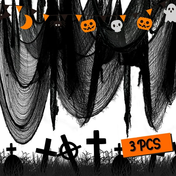 YOLETO 3 pack Halloween black Creepy Cloth, 30×72 inches black gauze for Halloween party decorations outdoor home wall decoration supplies