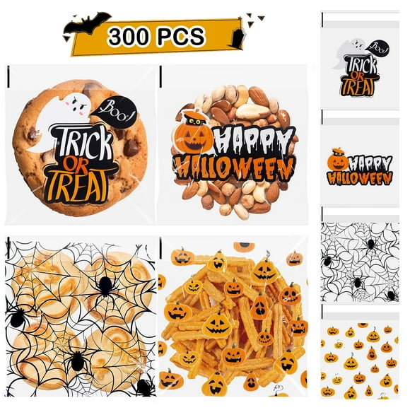 YOLETO 300 Pcs Halloween Treat Bags, Self-Adhesive Cellophane Candy Bag & DIY Cookie Packing Bags for Halloween Party Gift Supplies