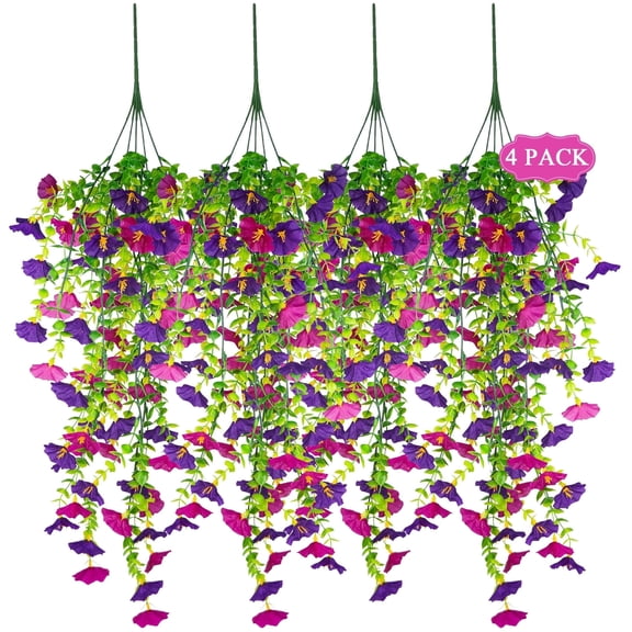 Fake Flowers YOLETO 4 Pack Morning Glory Artificial Floral Hanging Vines Home Decor for Bedroom Wall and Outdoor Garden