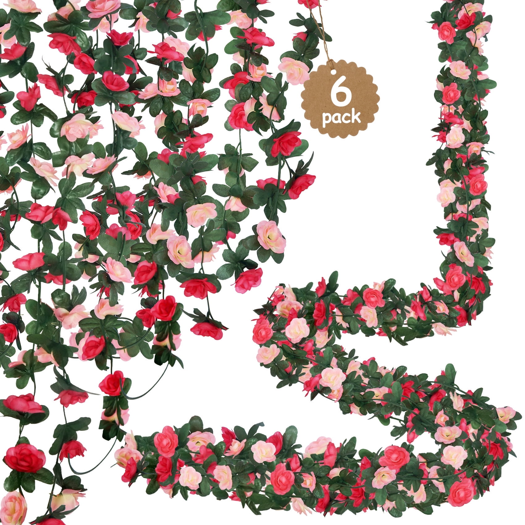 YOLETO 6 Pack Artificial Flower Garland-40FT Lush Rose Vines for Decoration, Hanging Floral Garlands for Bedroom, Wall, Weddings, Gardens & Home Decor (Mixed Pink)