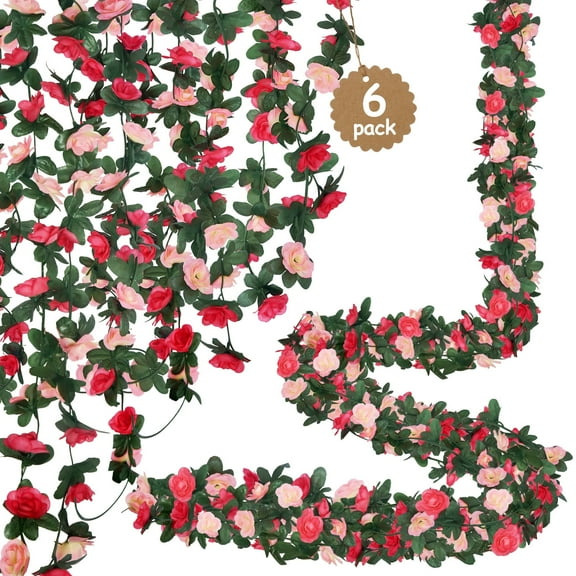YOLETO 6 Pack Artificial Flower Garland-40FT Lush Rose Vines for Decoration, Hanging Floral Garlands for Bedroom, Wall, Weddings, Gardens & Home Decor (Mixed Pink)