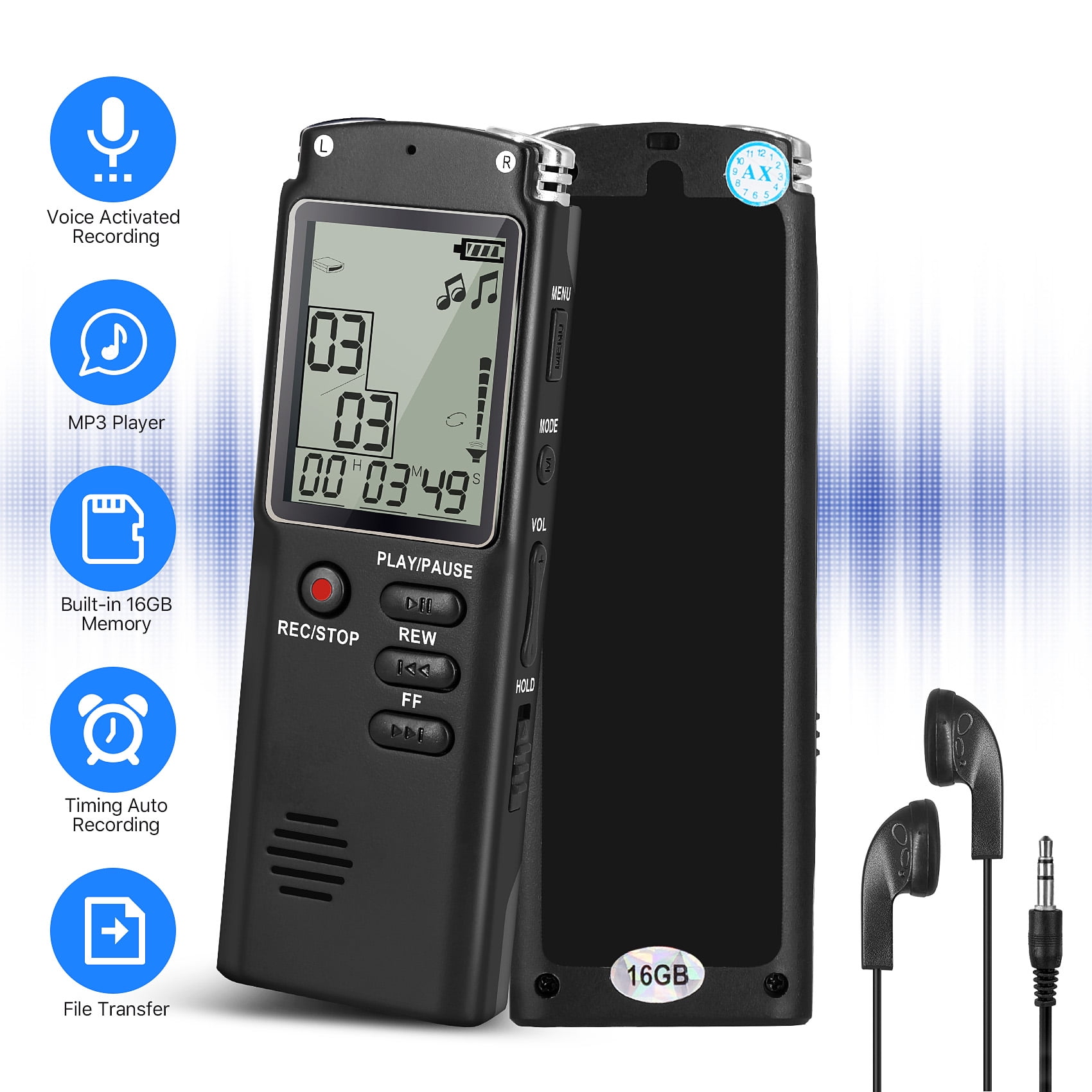 YOLETO Digital Voice Recorder, 16GB Flash Drive LCD Recording Pen, HD