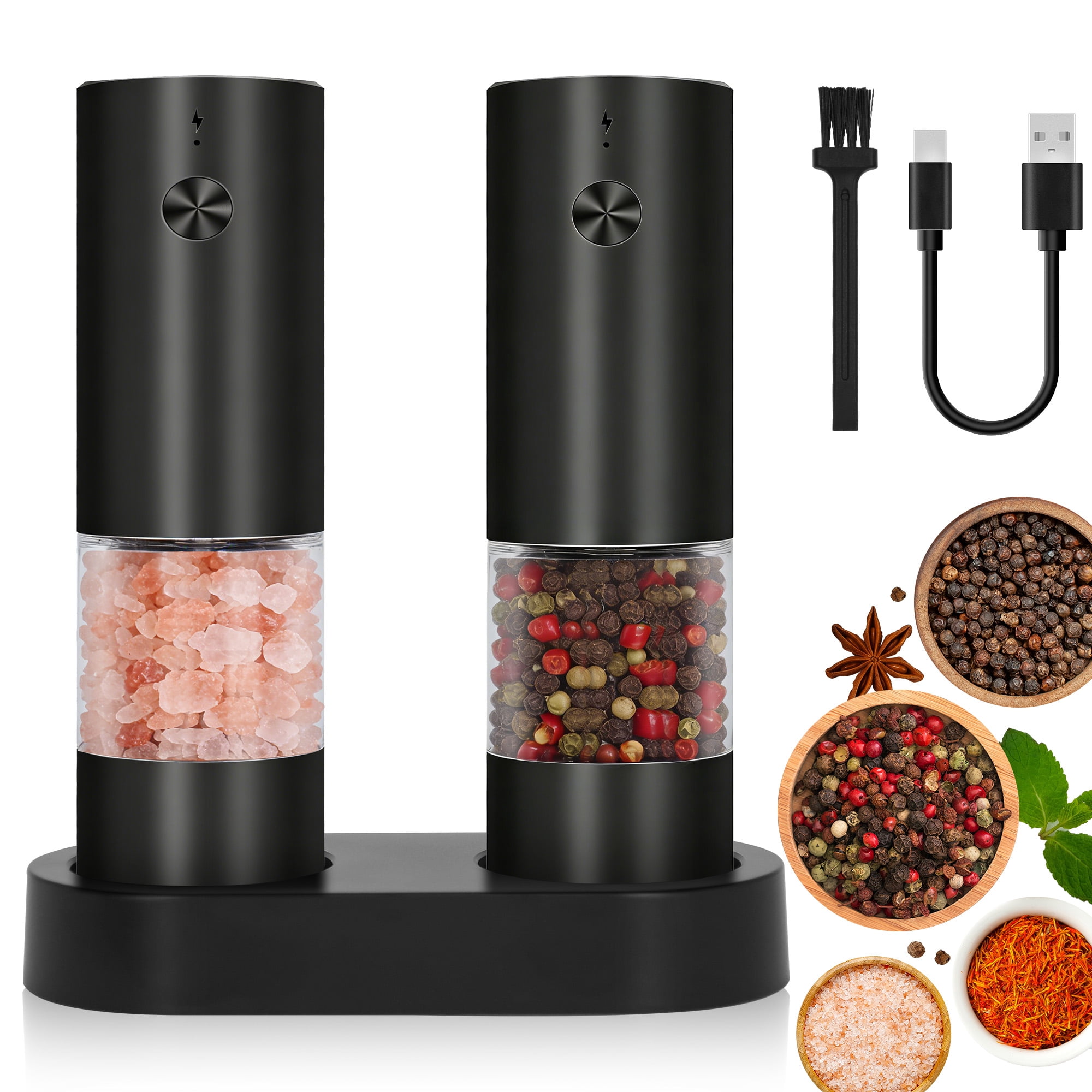 YOLETO Electric Pepper Grinder Set with Display Stand One Hand Operated USB C Rechargeable Adjustable Coarseness Ceramic Burr See Through Chamber (2 pack, Black)