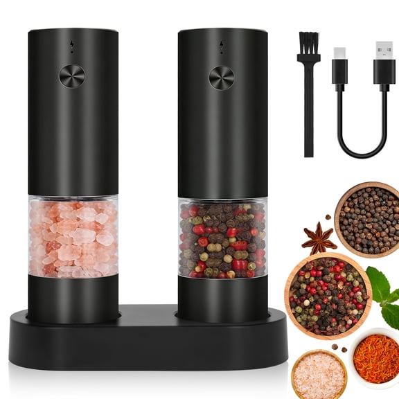 YOLETO Electric Pepper Grinder Set with Display Stand One Hand Operated USB C Rechargeable Adjustable Coarseness Ceramic Burr See Through Chamber (2 pack, Black)