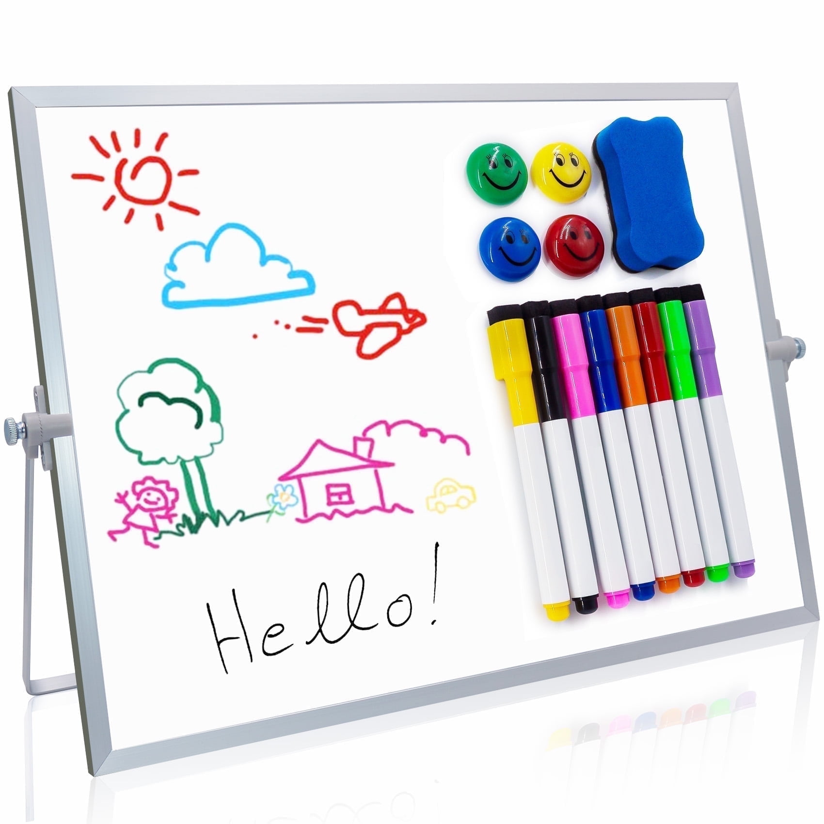 YOLETO Magnetic Desktop Whiteboard with Stand - 16" X 12" Dry Erase Board Double Sided White Board Easel Kit with 8 Markers, 4 Magnets, 1 Eraser - School Supplies, To Do List Memo