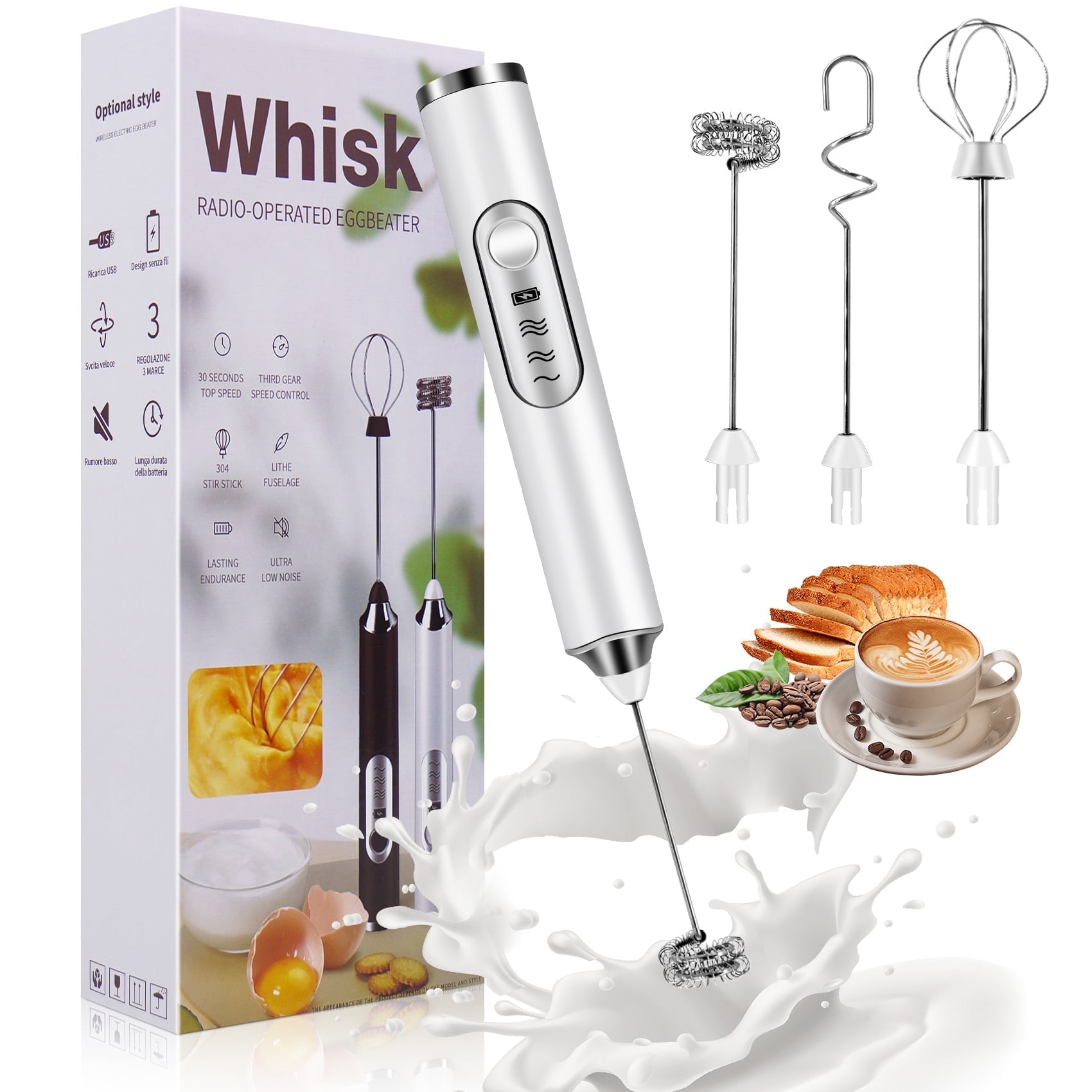 YOLETO Rechargeable Milk Frother - 3-Speed Handheld Blender with 3 Stainless Steel Whisks. Waterproof & Detachable for Coffee, Hot Chocolate, Eggs & More