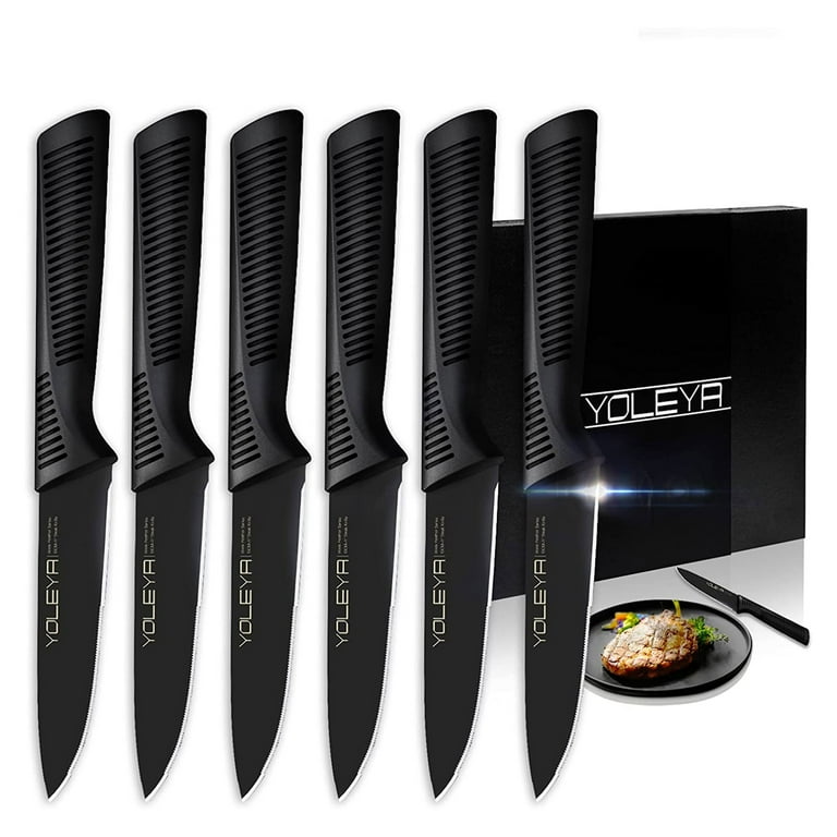 YOLEYA 15 Piece Kitchen Steel Knife Set with Block and Non Stick Coating,  Black Black feather-15 - The Home Depot