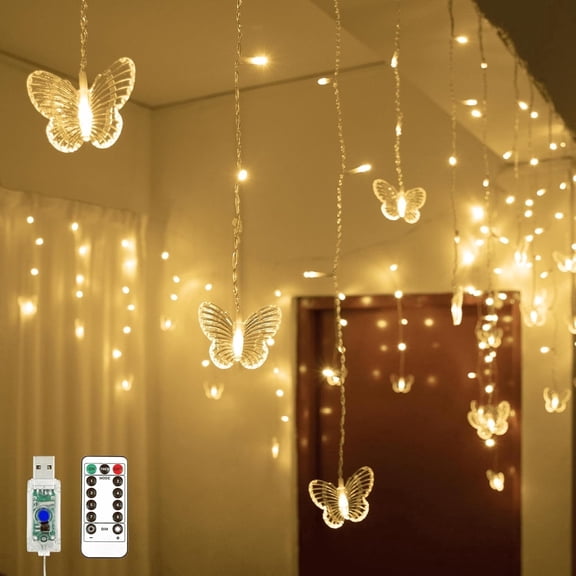 YOLIGHT Butterfly Curtain Lights 13ft 96 LED Fairy Lights 8 Modes String Lights with Remote, Butterfly Hanging Decoration for Girls Room Bedroom Wall Ceiling Party Wedding Christmas (Warm White)