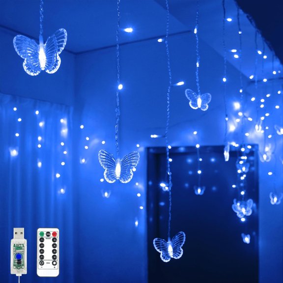 YOLIGHT Butterfly Curtain Lights 13ft 96 LED Twinkle Fairy Lights 8 Modes String Lights with Remote, Butterfly Hanging Decoration for Bedroom Dorm Wall Patio Party Wedding Halloween Christmas (Blue)