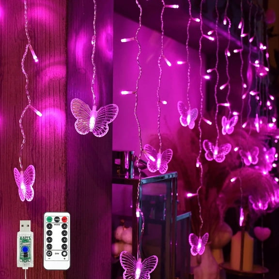 YOLIGHT Butterfly Curtain Lights, Pink Butterfly Fairy Lights with Remote Timer, 8 Modes Twinkle LED Butterfly Lights for Girls' Room Dorm Garden Window Party Wedding Christmas Decor (Pink)