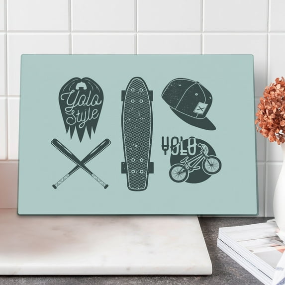 YOLO Cutting Board, Baseball Bat Skateboard and Bicycle Silhouette Greyscale Sports Pattern, Decorative Tempered Glass Cutting and Serving Board, Large Size, Charcoal Grey and White, by Ambesonne
