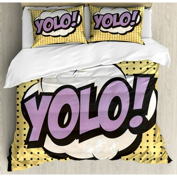 YOLO Queen Size Duvet Cover Set, Comic Book Quote on Polka Dotted Background Pop Art Inspirations, Decorative 3 Piece Bedding Set with 2 Pillow Shams, Lavender Pale Brown and Black, by Ambesonne