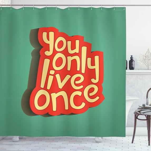 YOLO Shower Curtain, Retro Inspirational Quote You Only Live Once Lettering Green Backdrop, Fabric Bathroom Set with Hooks, 69W X 75L Inches Long, Orange Pale Yellow Seafoam, by Ambesonne