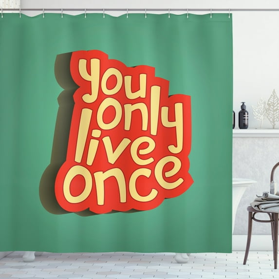 YOLO Shower Curtain, Retro Inspirational Quote You Only Live Once Lettering Green Backdrop, Fabric Bathroom Set with Hooks, 69W X 75L Inches Long, Orange Pale Yellow Seafoam, by Ambesonne