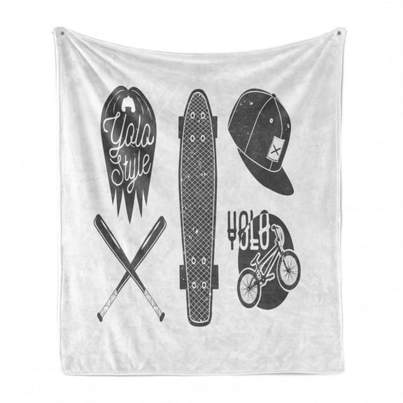 YOLO Soft Flannel Fleece Blanket, Baseball Bat Skateboard and Bicycle Silhouette Greyscale Sports Pattern, Cozy Plush for Indoor and Outdoor Use, 50" x 60", Charcoal Grey and White, by Ambesonne