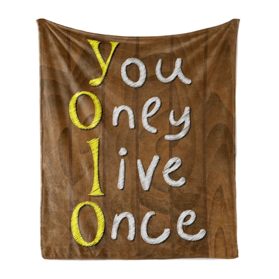 YOLO Soft Flannel Fleece Throw Blanket, Cartoon Style Wooden Rustic Background with Meaningful Gripping Slogan, Cozy Plush for Indoor and Outdoor Use, 50" x 70", Brown Yellow and White, by Ambesonne