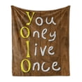 thumbnail image 1 of YOLO Soft Flannel Fleece Throw Blanket, Cartoon Style Wooden Rustic Background with Meaningful Gripping Slogan, Cozy Plush for Indoor and Outdoor Use, 60" x 80", Brown Yellow and White, by Ambesonne, 1 of 5