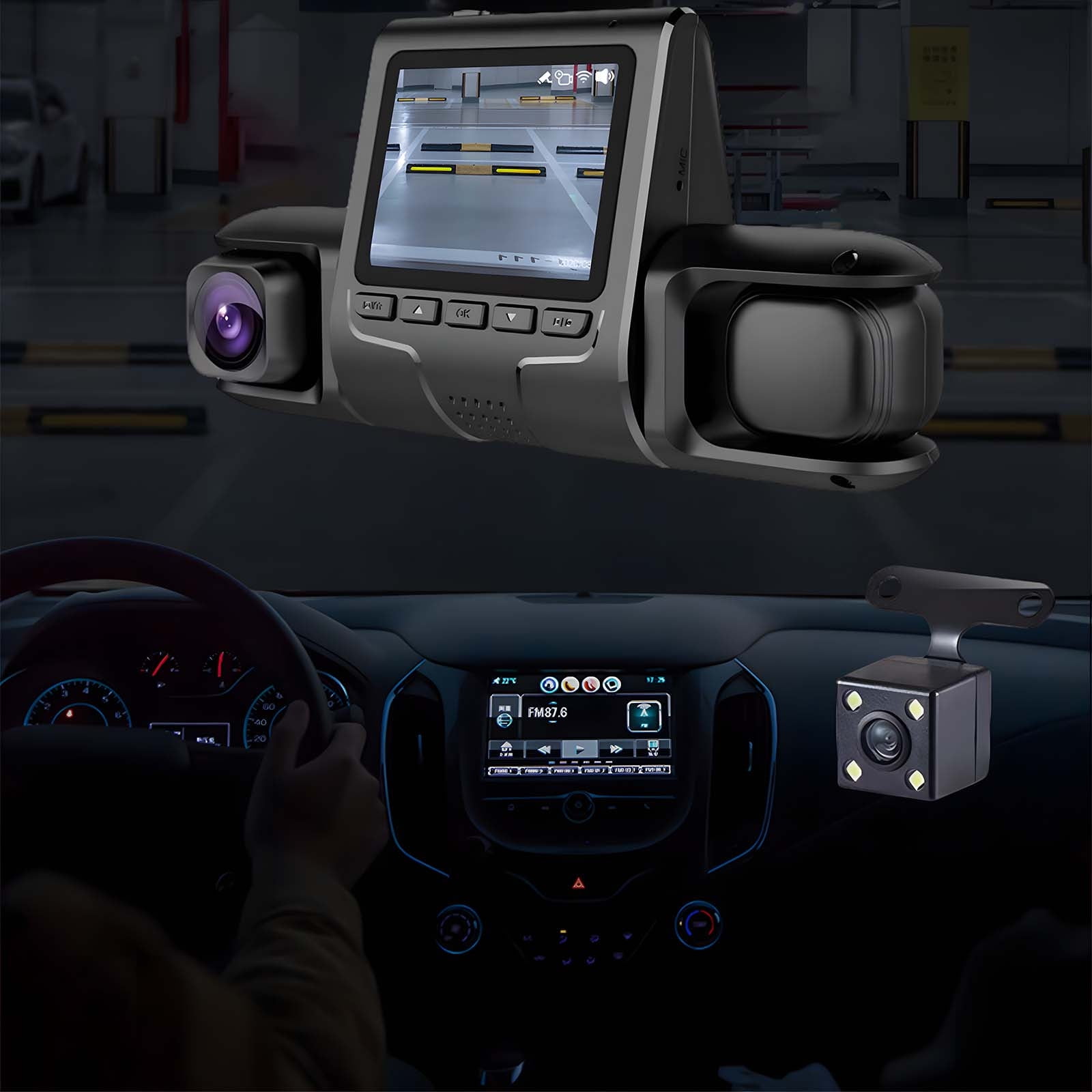 YOLOKE 3-Way Car Dash Camera with Front and Rear 1080P Dual Channel and ...
