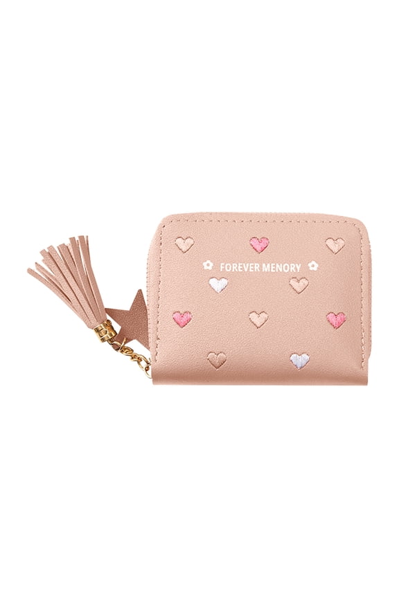 YOLOKE Ladies Purse Wallet with Star Pendant, Leather Purse with Card Slots and Compartments, Lady Credit Card Holder with Zipper, Solid Color Wallet with Embroidery Heart Pattern(Pink)
