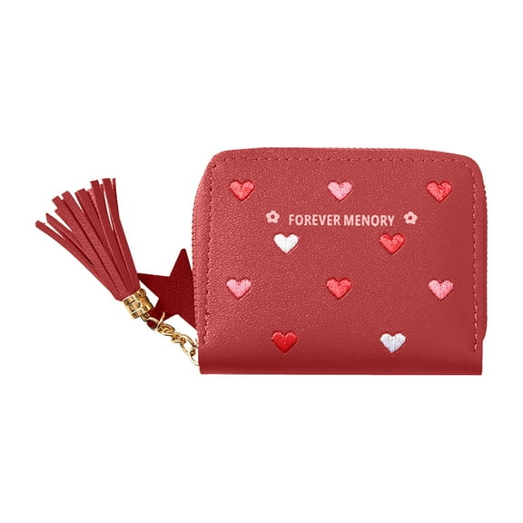 YOLOKE Ladies Purse Wallet with Star Pendant, Leather Purse with Card Slots and Compartments, Lady Credit Card Holder with Zipper, Solid Color Wallet with Embroidery Heart Pattern(Red)
