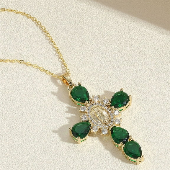 YOLOKE Zirconium Pendant Virgin Mary Cross Necklace Women's Clavicle Chain