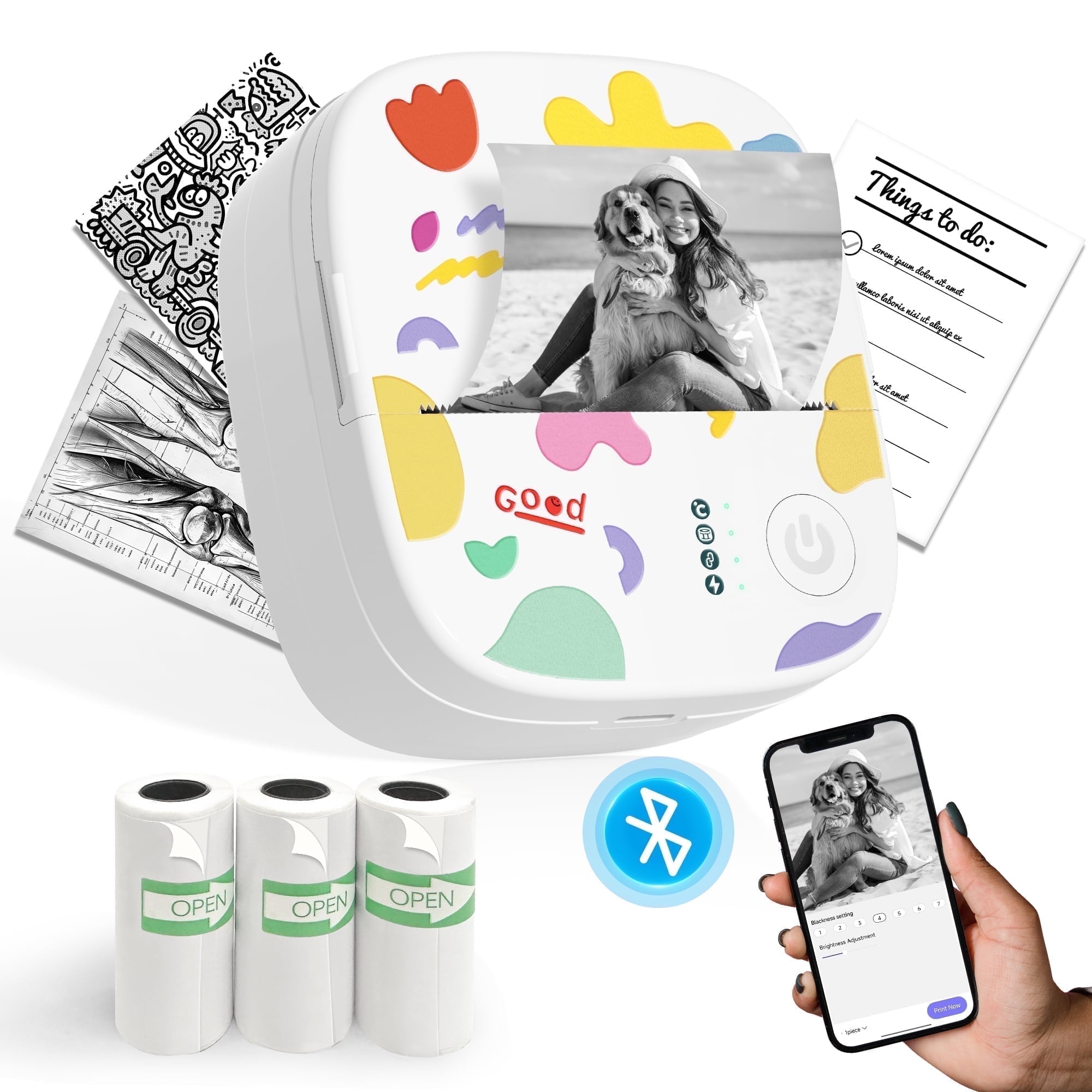 Mini Portable Sticker Printer XenGro, Mini Thermal Printer with 4 Rolls Paper, Bluetooth Inkless Printpods, Pocket Label Maker Suitable for Creative Kids DIY, Diaries, Photos, Study Notes