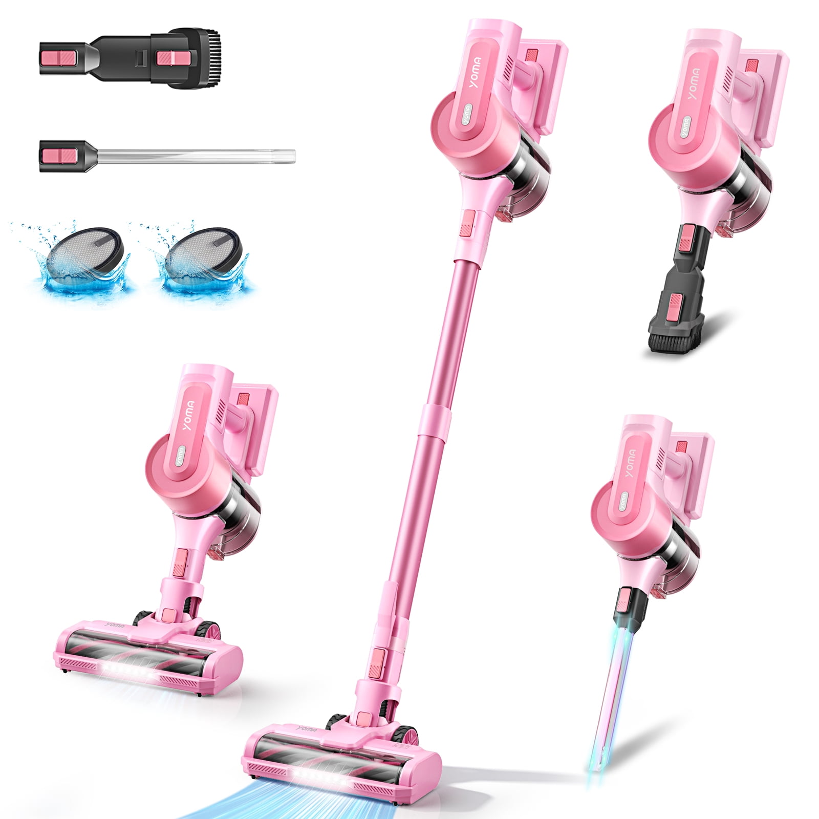 YOMATECH Cordless Vacuum Cleaner, 30Kpa/365W Powerful Stick Vacuum, 6 in 1 Lightweight Vacuum Cleaners for Home Hardfloor Carpet Pet Hair - pink