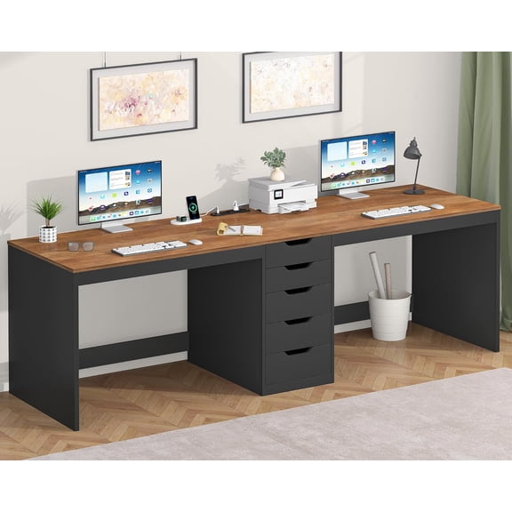 YOMILUVE 2 Person Desk with 5 Drawers and Power Outlets, 78.7 Inch Long Computer Desk with Storage File Cabinet, Two Person Home Office Double Desk with Storage, Brown and Black