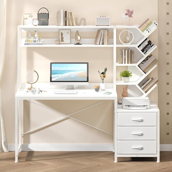 YOMILUVE Reversible Computer Desk with Hutch, Home Office Desk with Drawers and Bookshelf, 52'' Study Writing Desk with Storage Shelves for Bedroom Home Office, White
