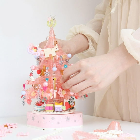 YOMOTREE Crystal Christmas Tree Building Blocks Swivel Music Box Pink