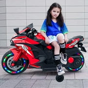 YOMYM 12V Kids Motorcycle, Ride on Motorcycle with Light Wheel, Wireless Bluetooth, Mp3 and Horn-Whiteand PU Seat,Red