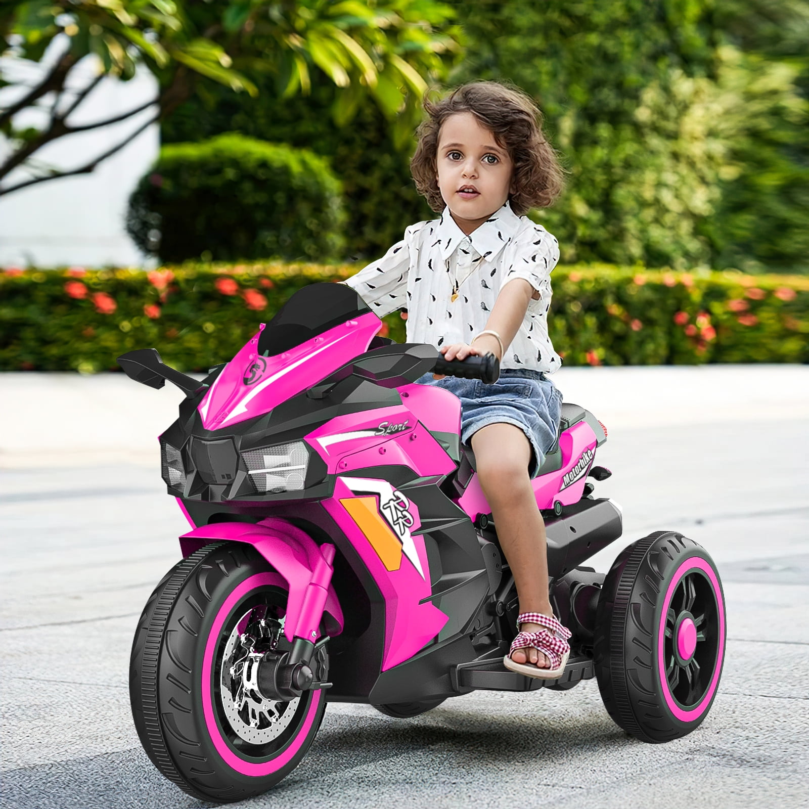 YOMYM 12V Motorcycle for Kids, Battery Powered 3 Wheels Motorcycle Toy with Bluetooth, Music, Light-pink