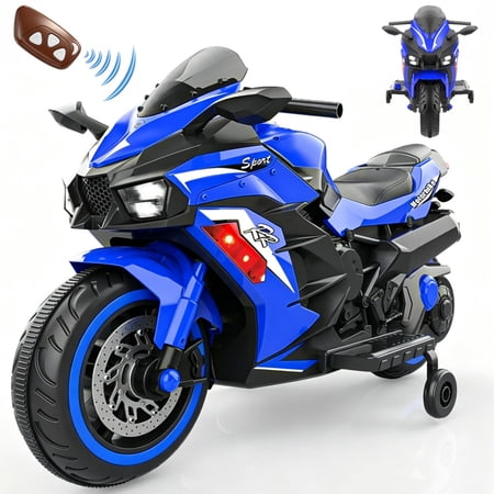 YOMYM 2026 New Blue Kids 12V Electric Motorcycle Ride On Toy, Remote Control Toddler Motorbike with Removable Training Wheels, LED Light Music Horn Ride On Car for Kids 3-6 Years Old