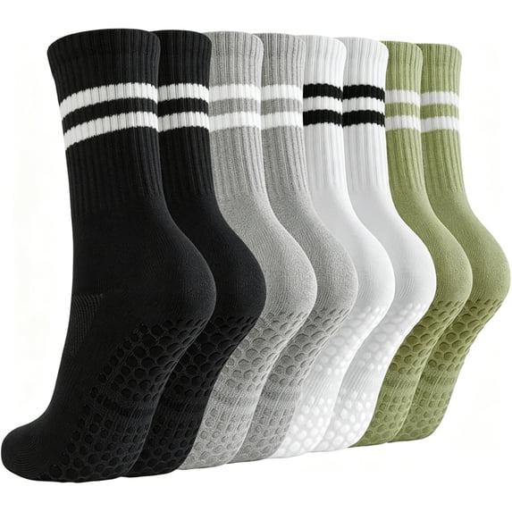 YOMYM 4 Pairs Non Slip Pilates Socks with Grips for Women, Crew Grip Socks for Yoga, Barre, Hospital, Barefoot Workout