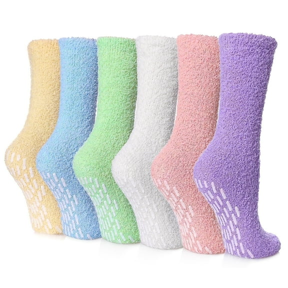YOMYM 6 Pairs Non Slip Socks for Women Winter Fuzzy Slipper Socks Soft Fluffy Socks with Grips