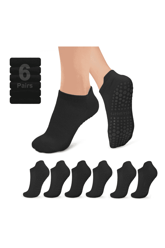 6 Pairs Pilates Socks for Women Non Slip Grip Socks Yoga Socks Ankle Grippy Socks Woman, Black