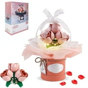 YOMYM Pink Rose Flower Bouquet Building Kit, Artificial Flowers Building Toys, DIY Rose Bouquet Block Toy with Dust Cover, Mother's Day Women's Day Present