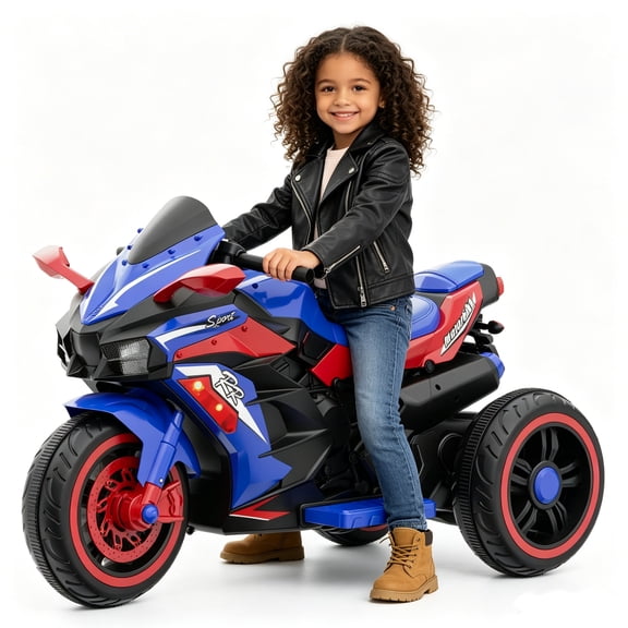 YOMYM 12V Kids Electric Trike Motorcycle, Ride On Motorbike with Wireless Remote Control, Non-Slip Wheels LED Music Riding Toy for Indoor Outdoor