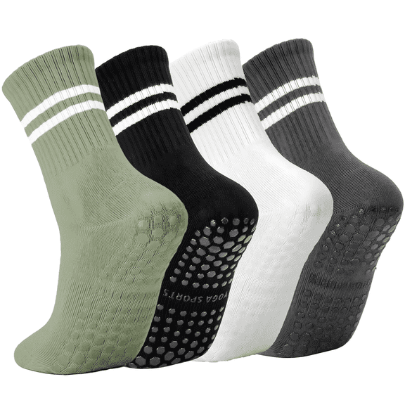YOMYM 4 Pairs Non Slip Pilates Socks with Grips for Women, Crew Grip Socks for Yoga, Barre, Hospital, Barefoot Workout