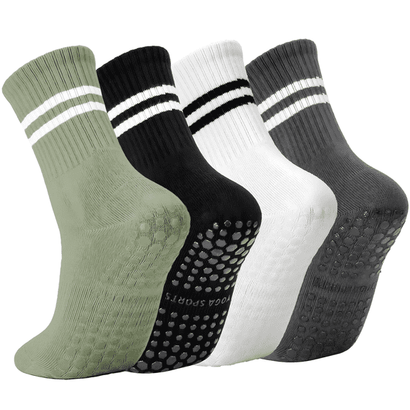 YOMYM 4 Pairs Non Slip Pilates Socks with Grips for Women, Crew Grip Socks for Yoga, Barre, Hospital, Barefoot Workout