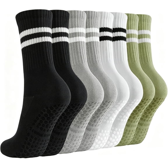 YOMYM 4 Pairs Non Slip Pilates Socks with Grips for Women, Crew Grip Socks for Yoga, Barre, Hospital, Barefoot Workout