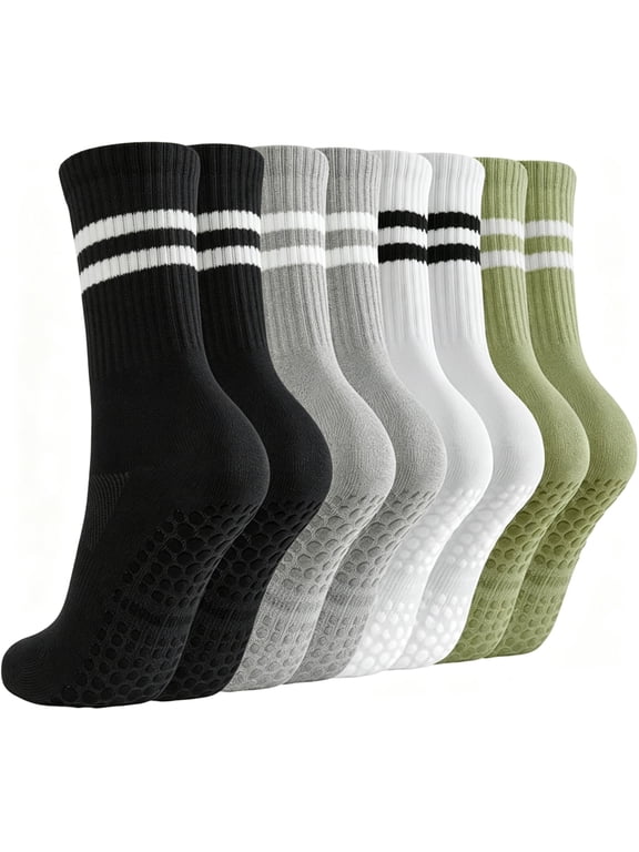 4 Pairs Non Slip Pilates Socks with Grips for Women, Crew Grip Socks for Yoga, Barre, Hospital, Barefoot Workout
