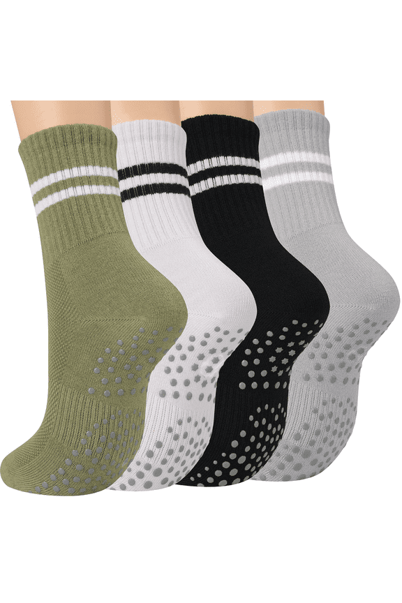4 Pairs Non Slip Pilates Socks with Grips for Women, Crew Grip Socks for Yoga, Barre, Hospital, Barefoot Workout